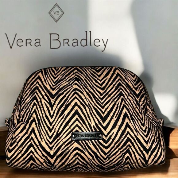 Vera Bradley Handbags - Vera Bradley Zebra Pattern Quilted Cosmetic Bag Clutch Black Tan Zipper Top